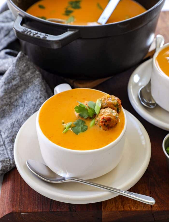 Coconut Curry Butternut Squash Soup with Thai Chicken Meatballs