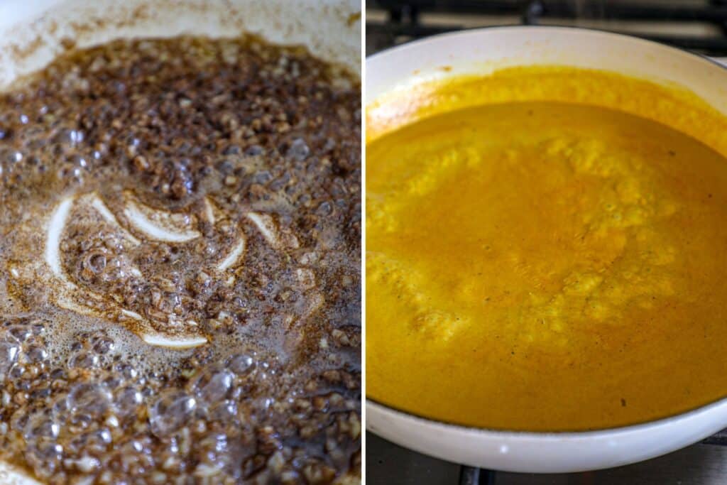 Creating the butter chicken sauce in a pan on the stove
