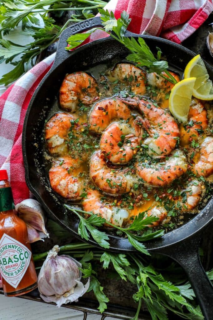 Smoked shrimp recipe in a cast iron skillet