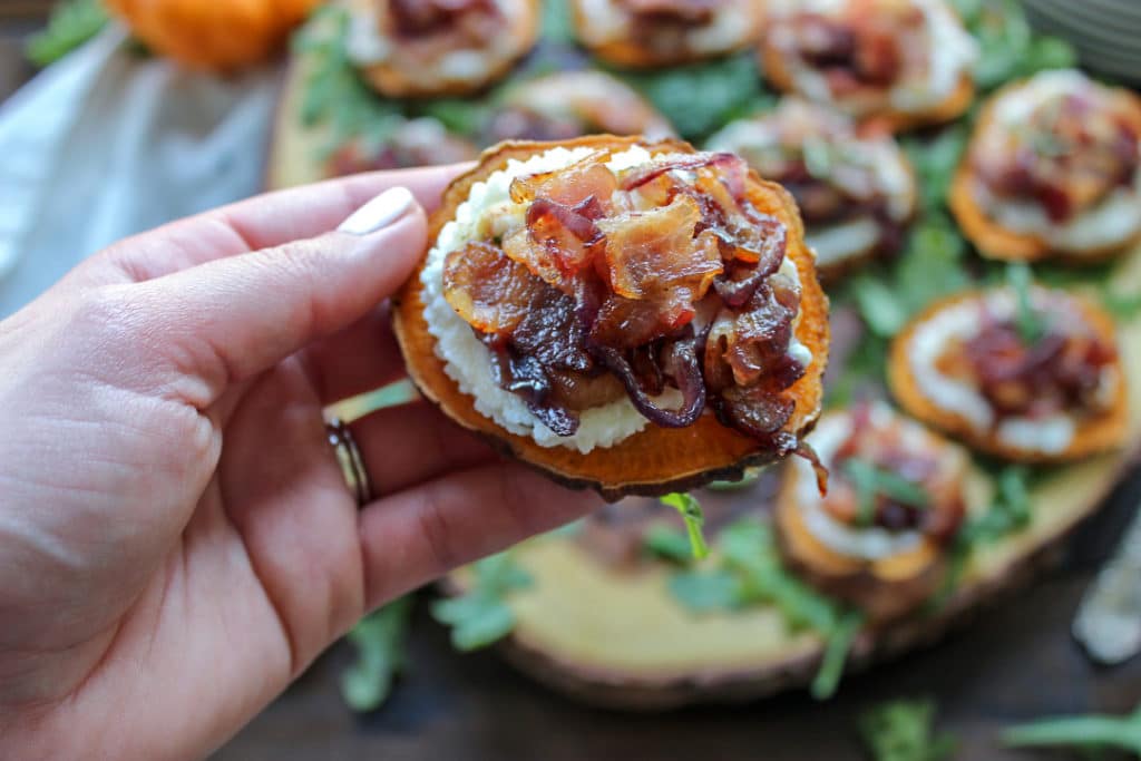 Sweet Potato Canapes with Goat Cheese, Bacon and Caramelized Onion