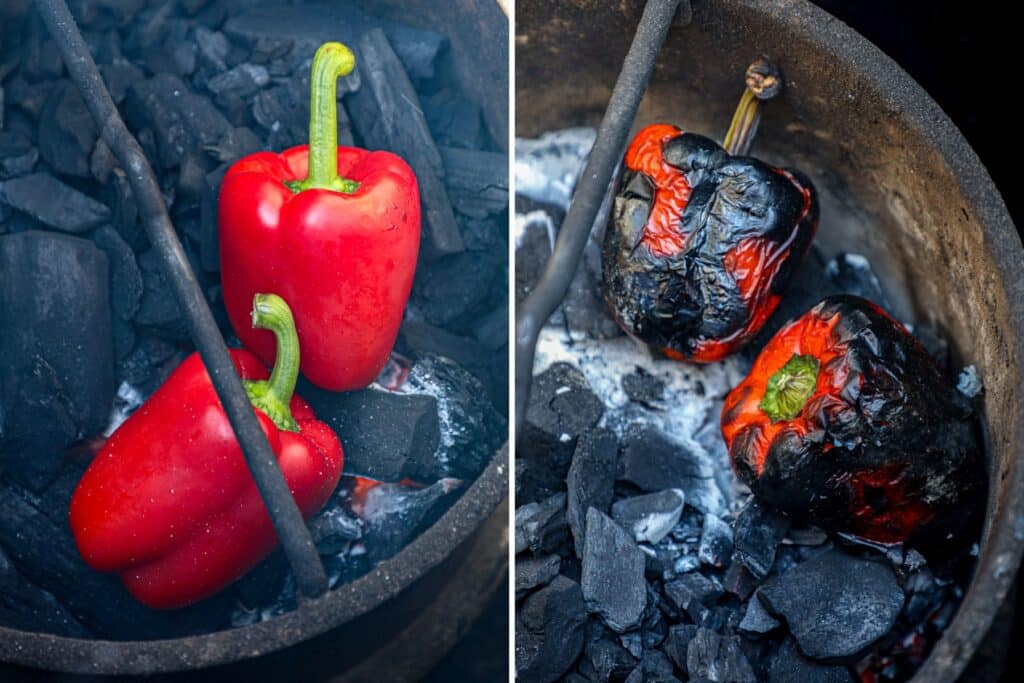 Roasting the red peppers over coals