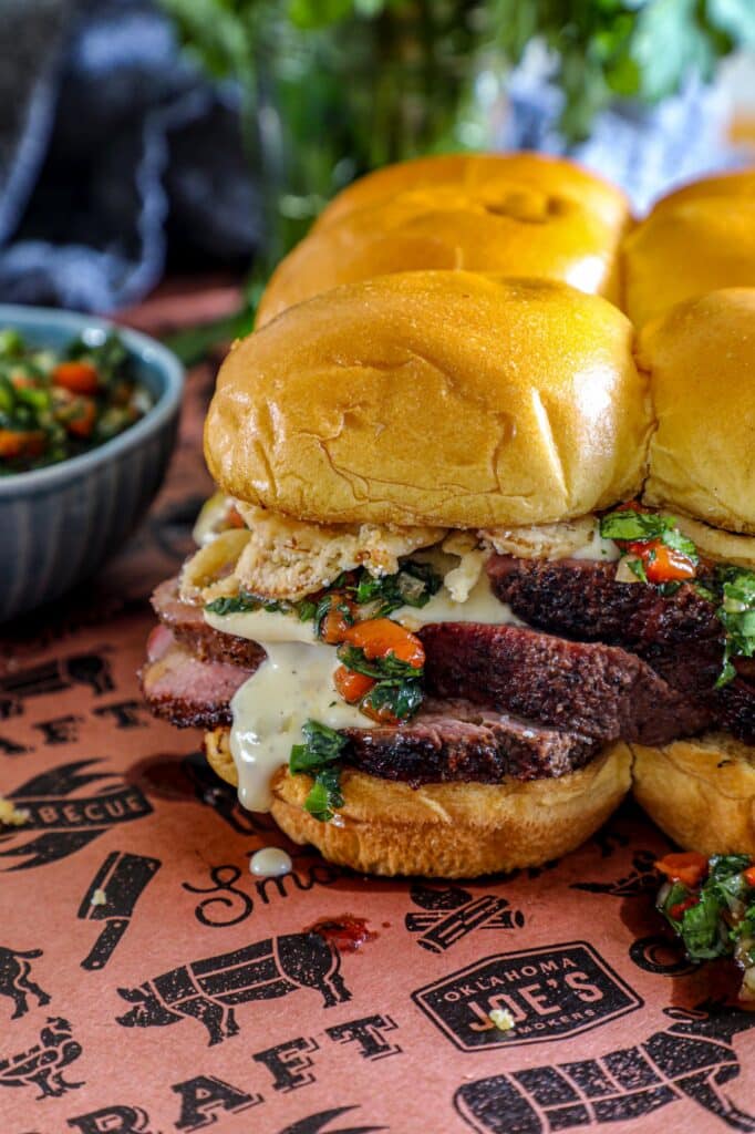 Tri Tip sliders with red chimichurri sauce 1