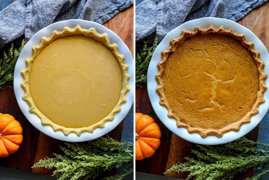 Filling and baking the keto pumpkin pie