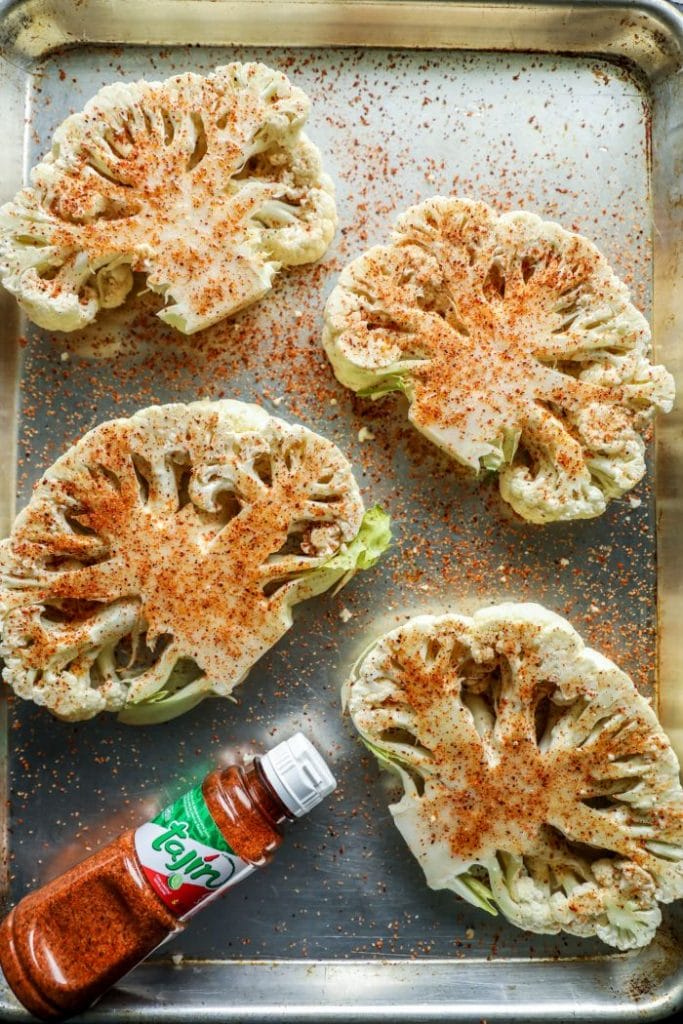 Seasoned cauliflower steaks.