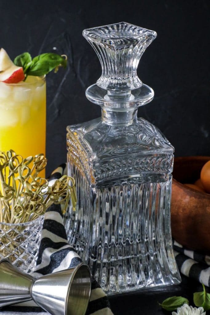 Glass decanter on a table.