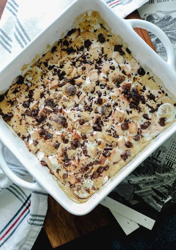 Cooked smores bars, but still in the pan uncut.