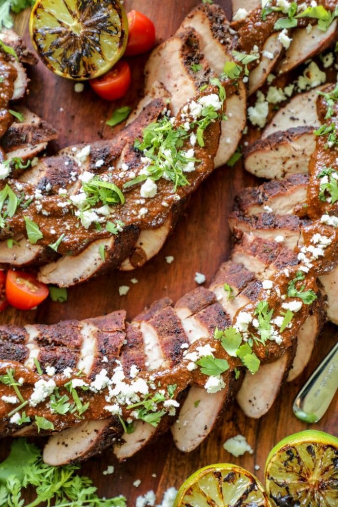 Close up of the smoked mole and pork tenderloin garnished with cilantro