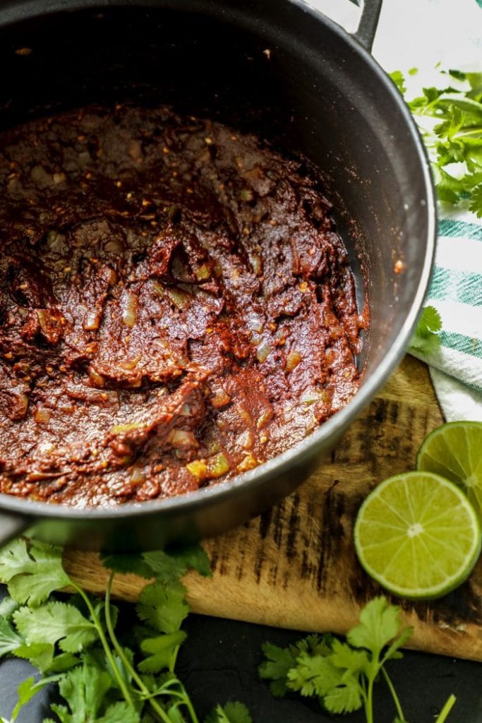 Thickened mole sauce before the stock is added.