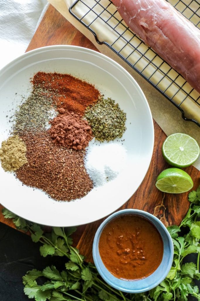 Spices for the pork tenderloin laid out in a bowl.