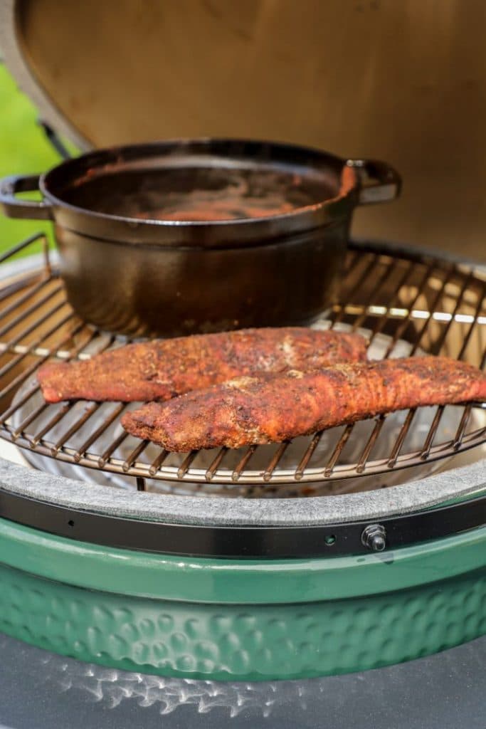 The mole and pork tenderloins on indirect heat on the big green egg