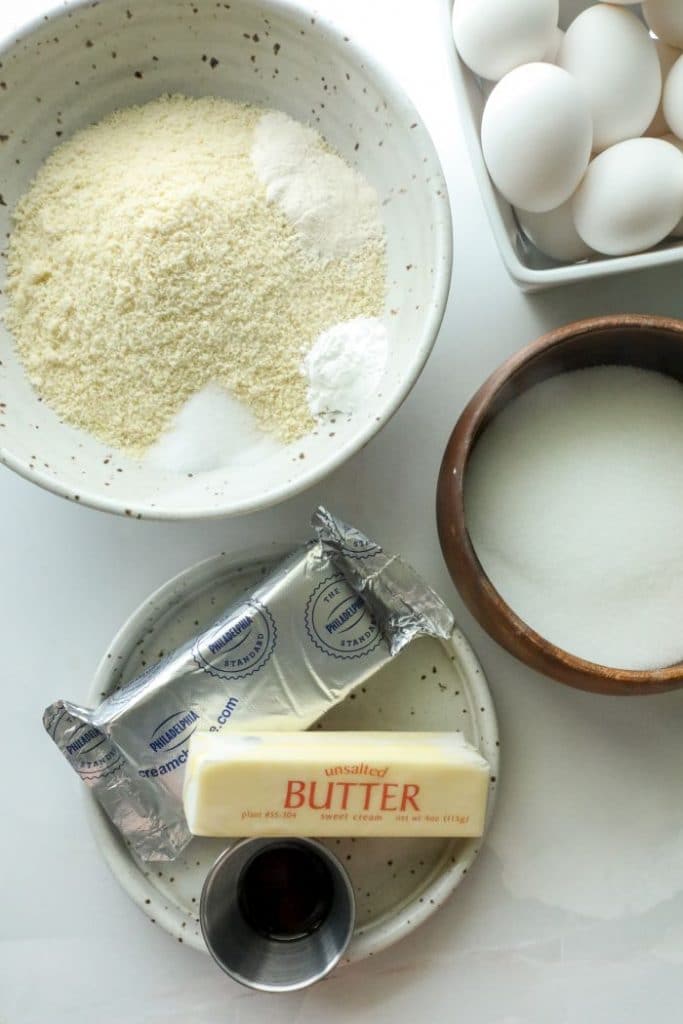 Wet and dry keto bundt cake ingredients.