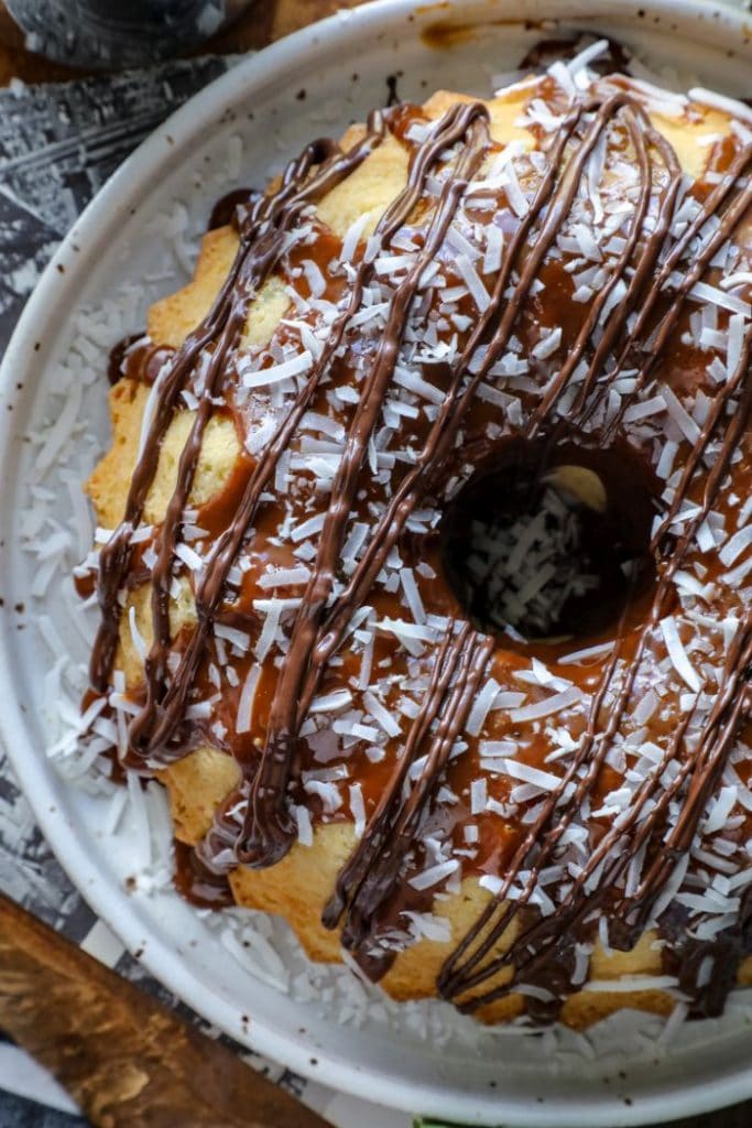 Up close of the keto samoa bundt cake.