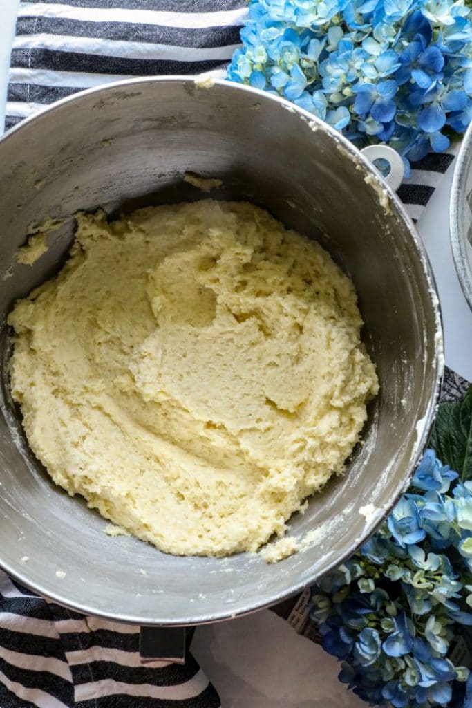 Keto samoa bundt cake batter in a mixing bowl.