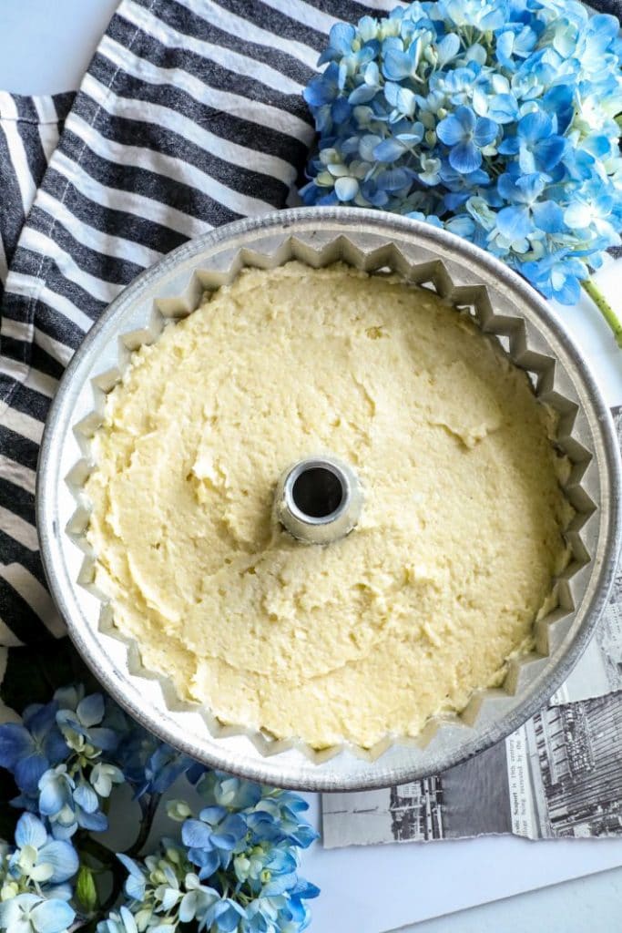 Keto samoa bundt cake batter in the bundt pan.