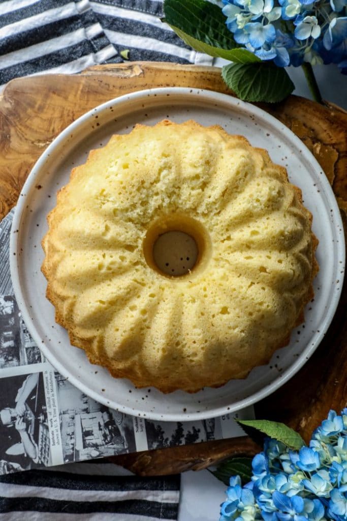 Baked and inverted keto samoa bunt cake on a plate.