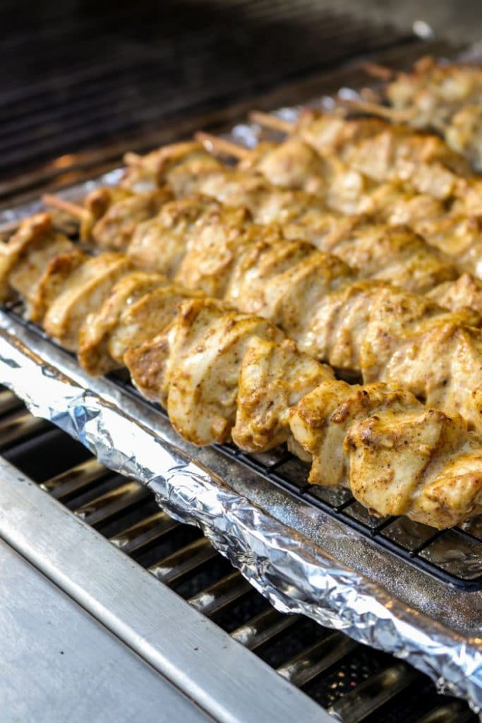 Chicken kebabs on the grill on indirect heat