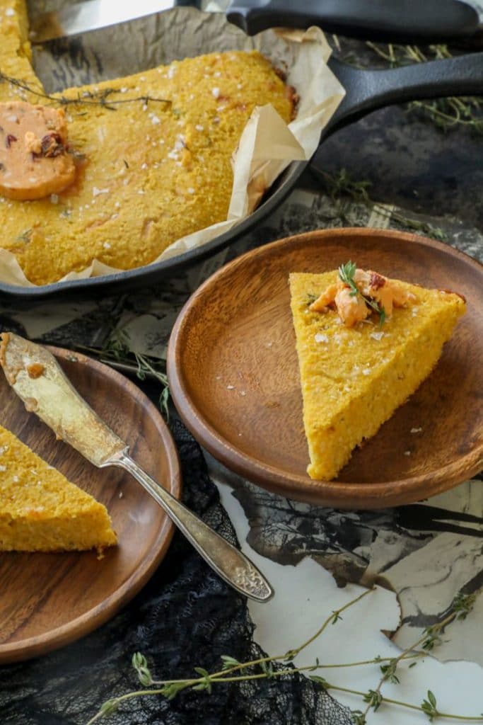 slices of the Savory Keto Pumpkin Cornbread on plates