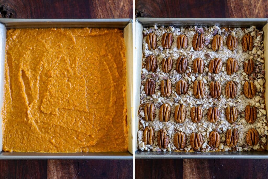 Sweet Potato Pie Bars in the pan with the topping