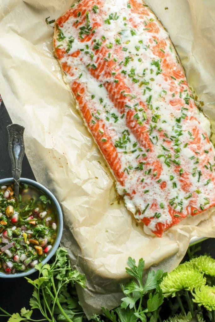 The cooked slow roasted salmon before the chimichurri was put over it.