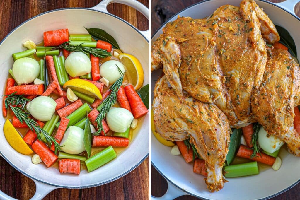 Butter coated spatchcock chicken over raw vegetables in a braising pan before roasting