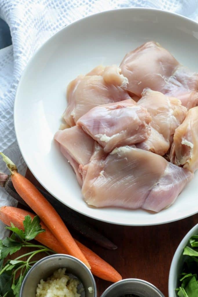 Raw chicken thighs used for homemade chicken cauliflower gnocchi.