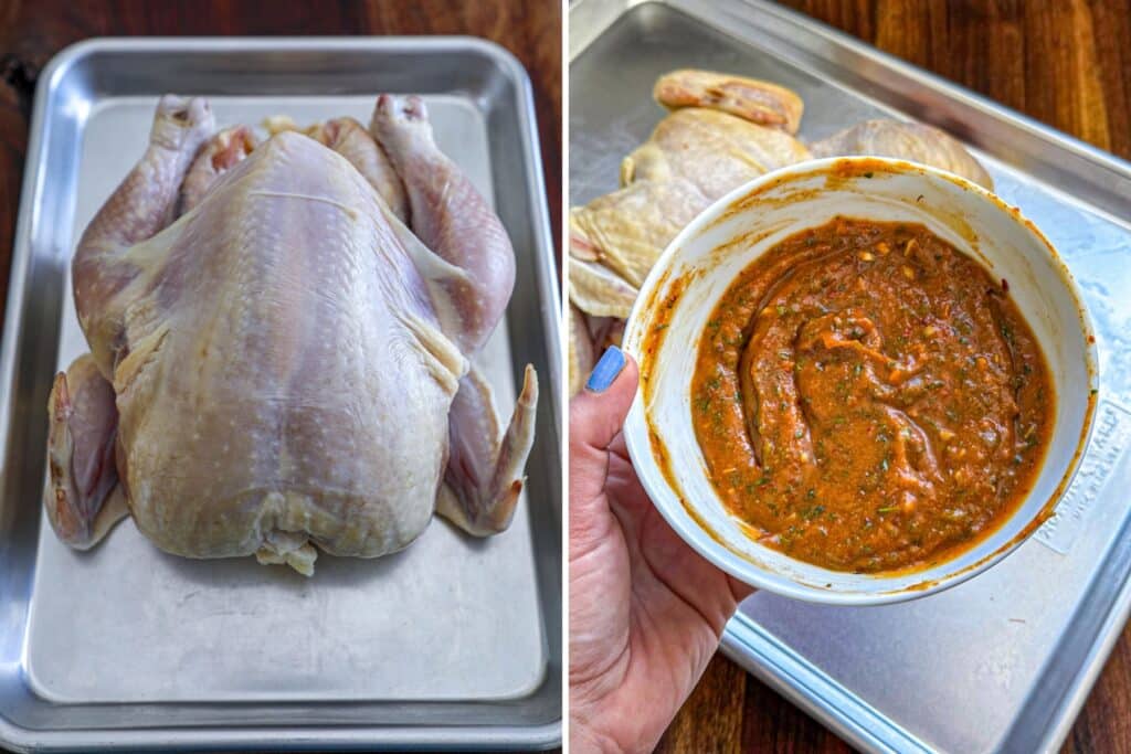 Ingredients for Spatchcock Chicken (whole chicken and the compound butter mixture)