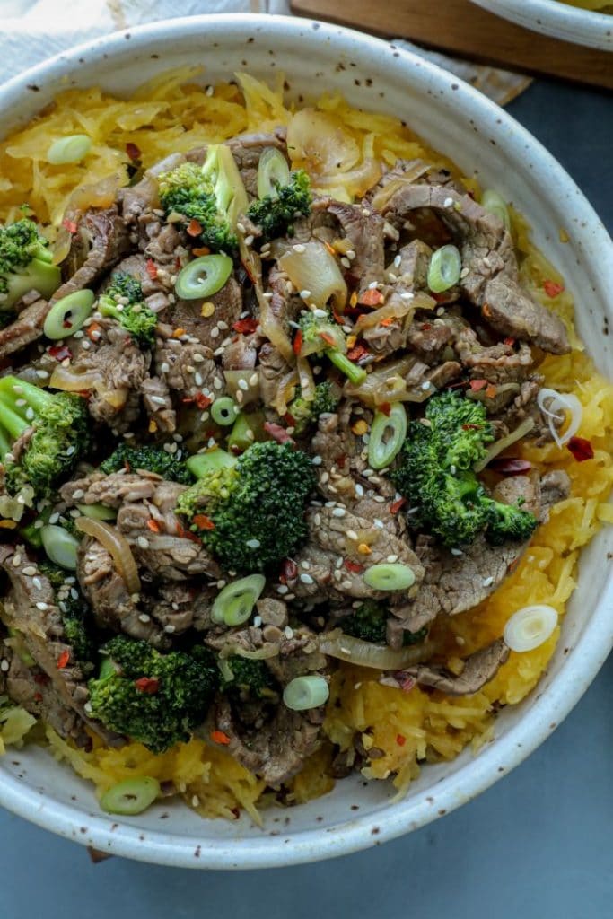 A big bowl of Beef and Broccoli with Spaghetti Squash