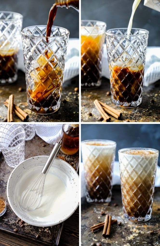 Sugar Free Iced Oat Milk Shaken Espresso assembly process with oat milk and topping.