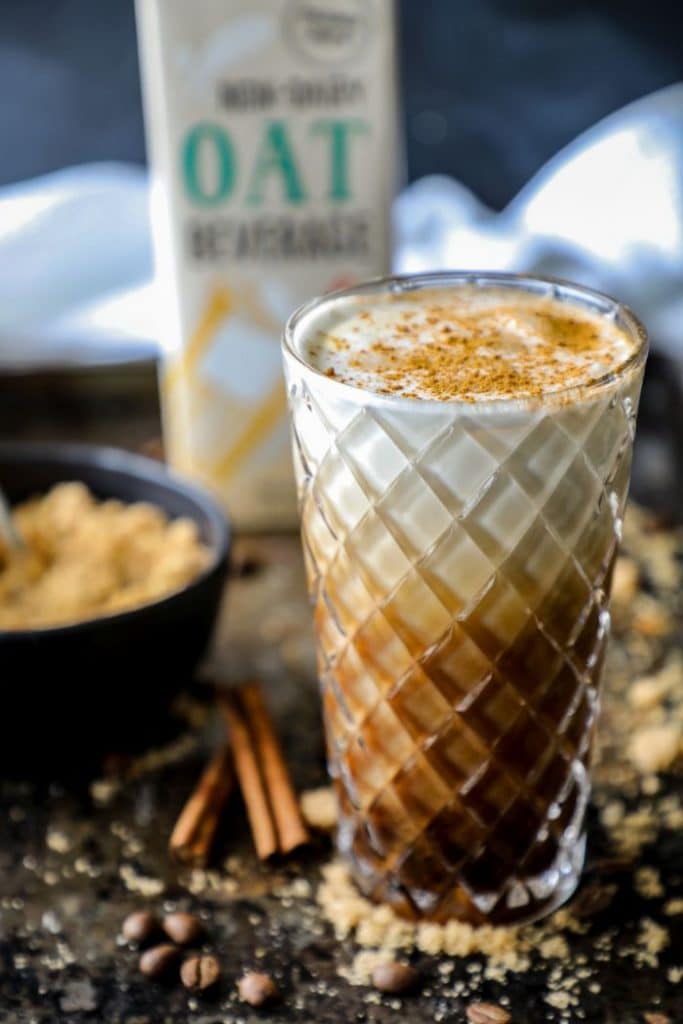 Sugar Free Iced Oat Milk Shaken Espresso on a brown tray.