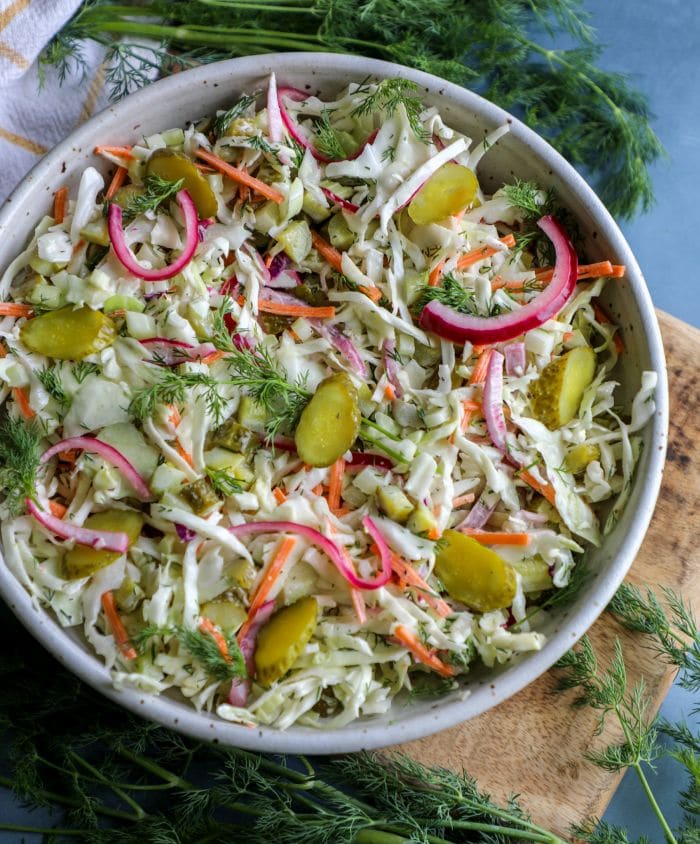 Dill Pickle Coleslaw in a large bowl