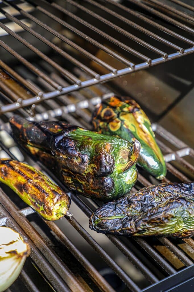 charring the poblano peppers on the grill
