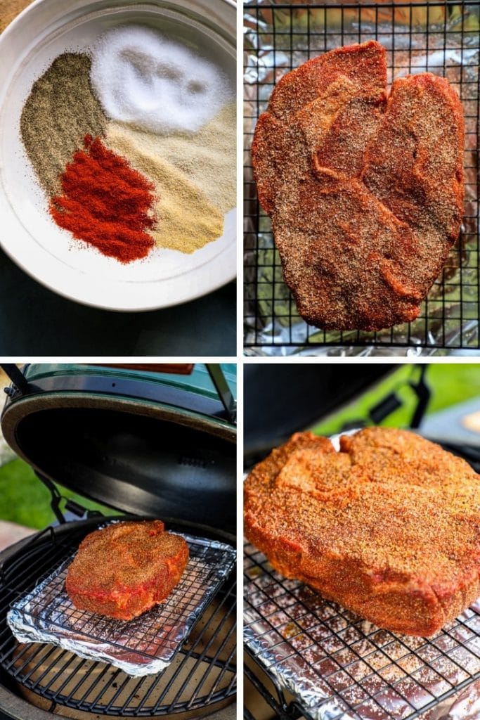 Adding a dry rub to a smoked chuck roast and putting it on the smoker