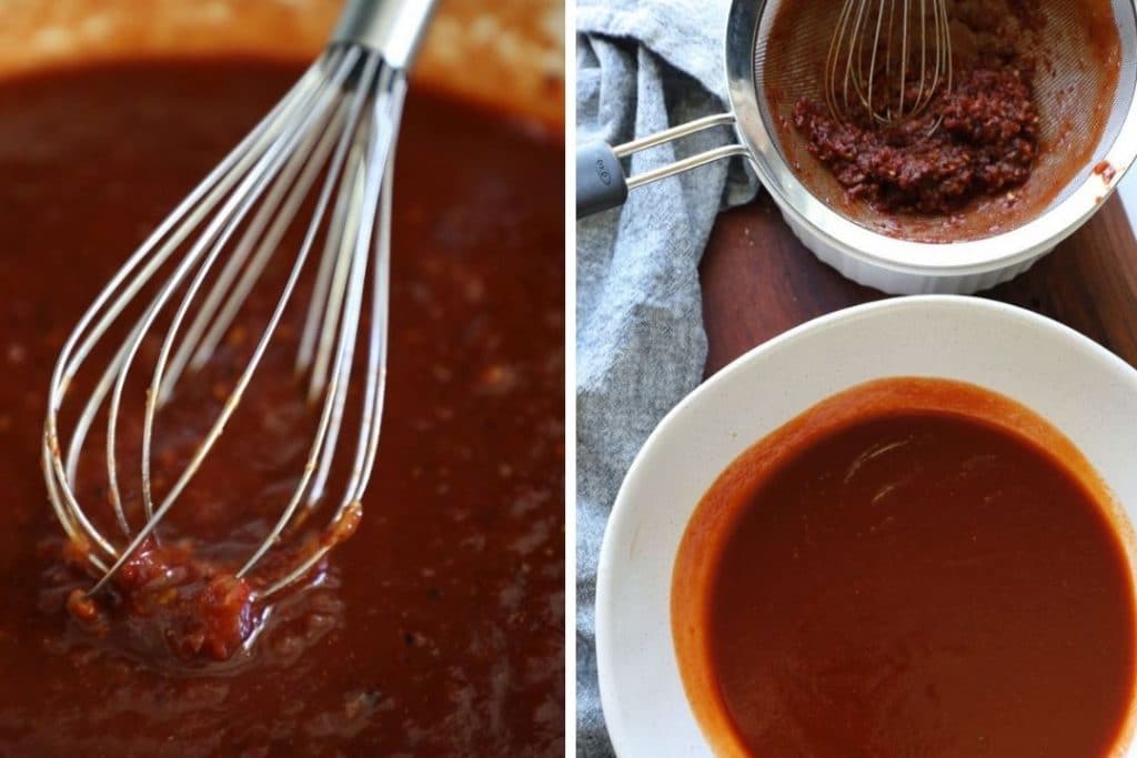 Making the homemade BBQ sauce in a pan and straining it out