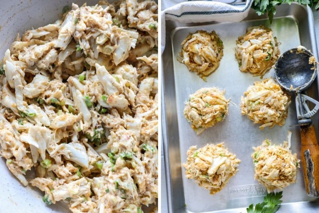 Mixed crab cake meat in a bowl and then scooped into cakes