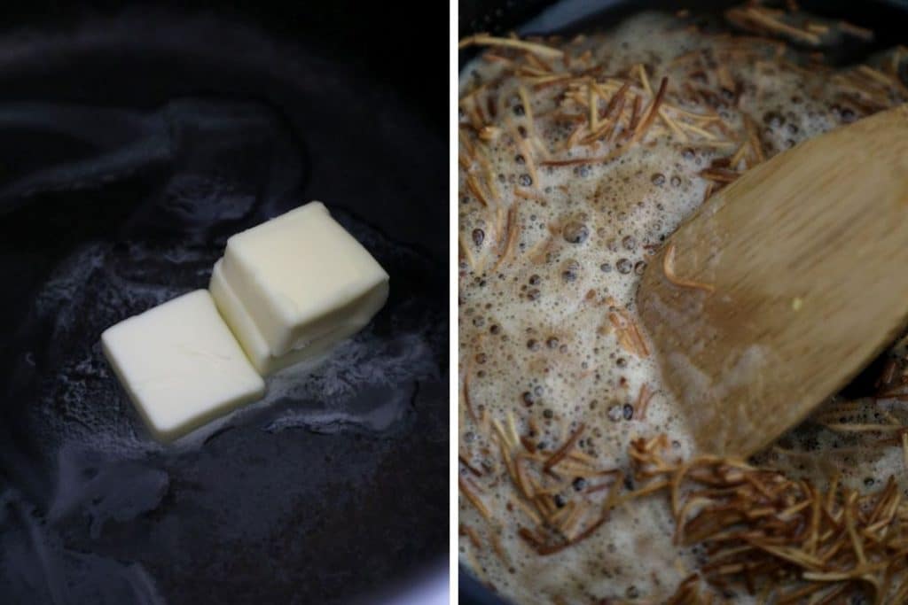 Butter melted in a pot and browned egg noodles