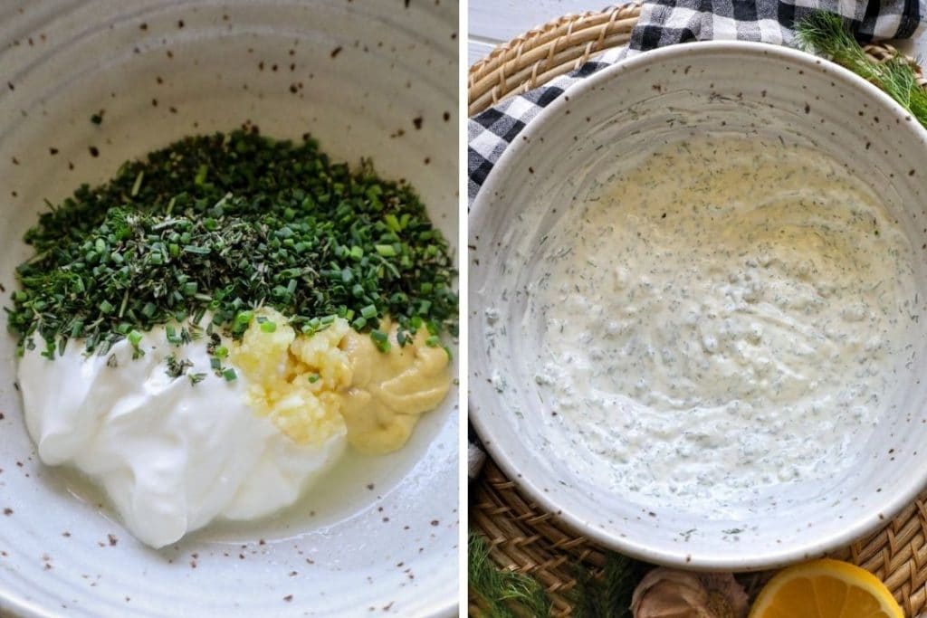 making the lemon dill sauce in a bowl