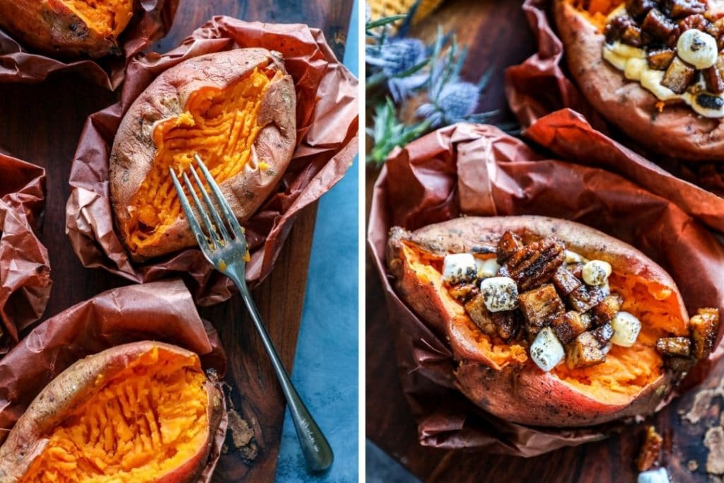 Adding toppings to the sweet potatoes.