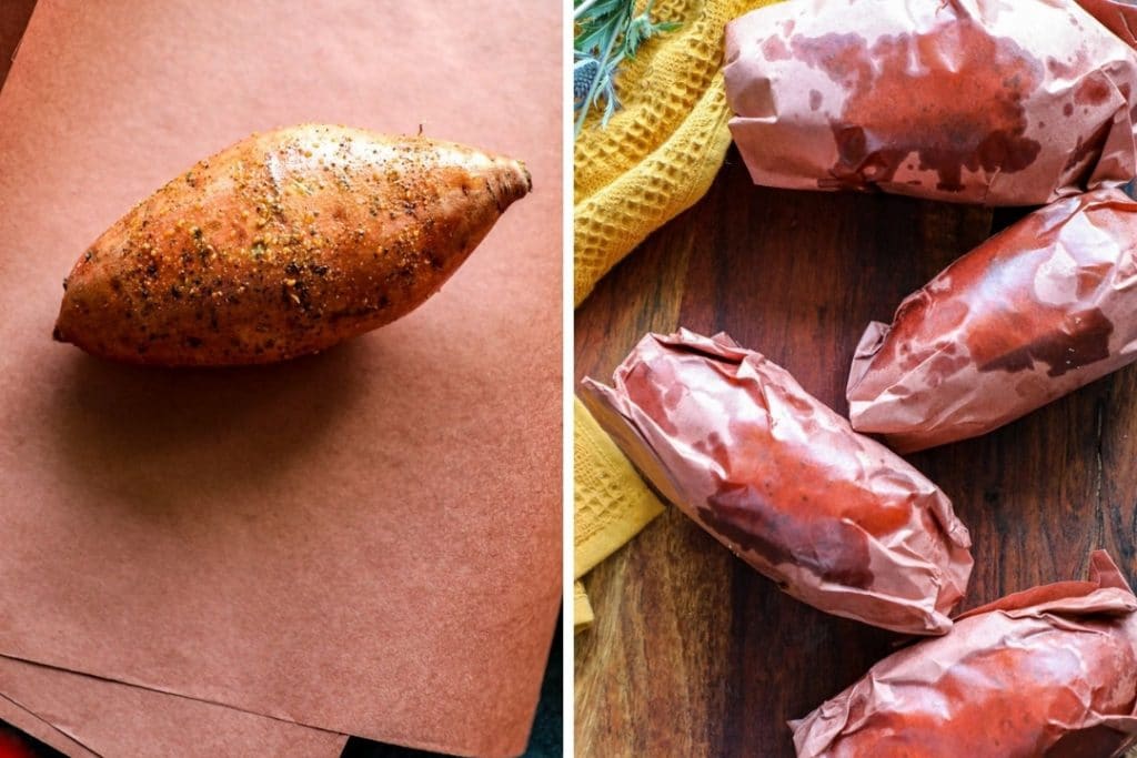 Wrapping the sweet potatoes in butcher paper.