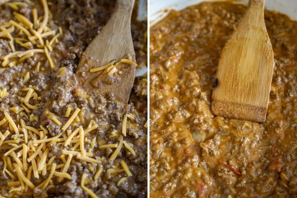 Adding the shredded cheese to the beef mixture