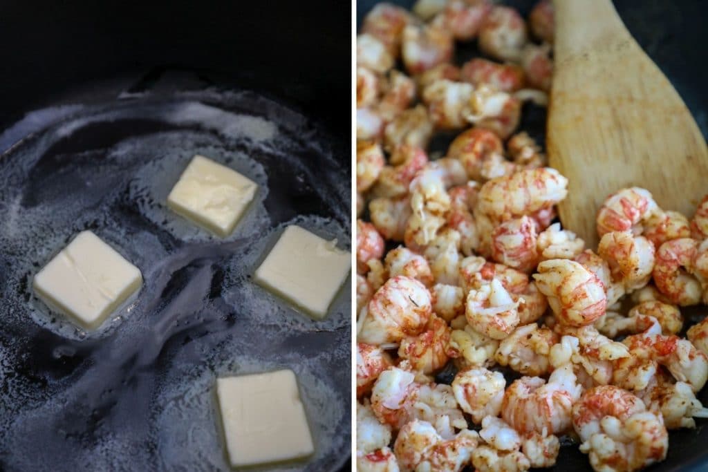 Cooking the langostino tails in butter