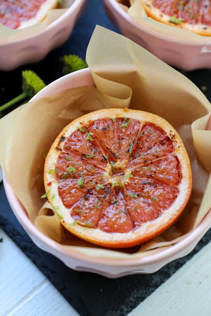 Brûléed Grapefruit in a pink bowl