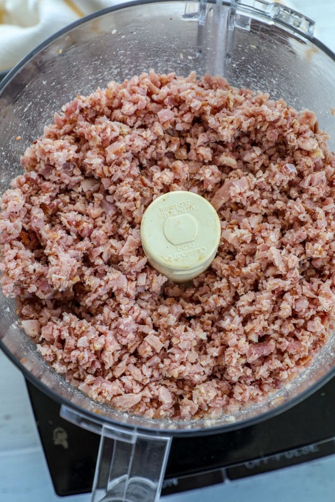 Ham in the food processor being chopped