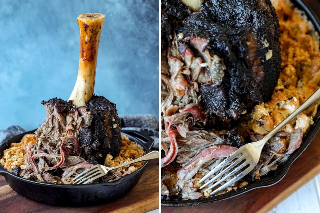Smoked pork shank in smoked mac and cheese