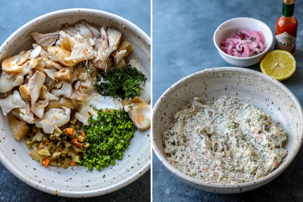 Combining the Florida fish dip ingredients in a bowl