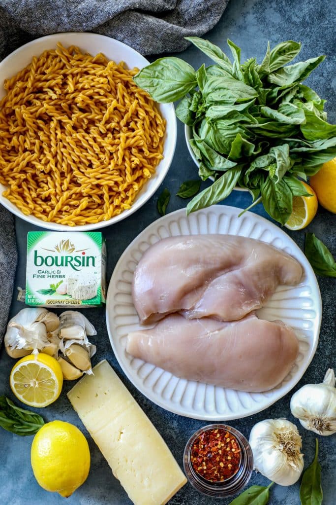 Creamy Lemon Chicken Pasta Salad ingredients on a table
