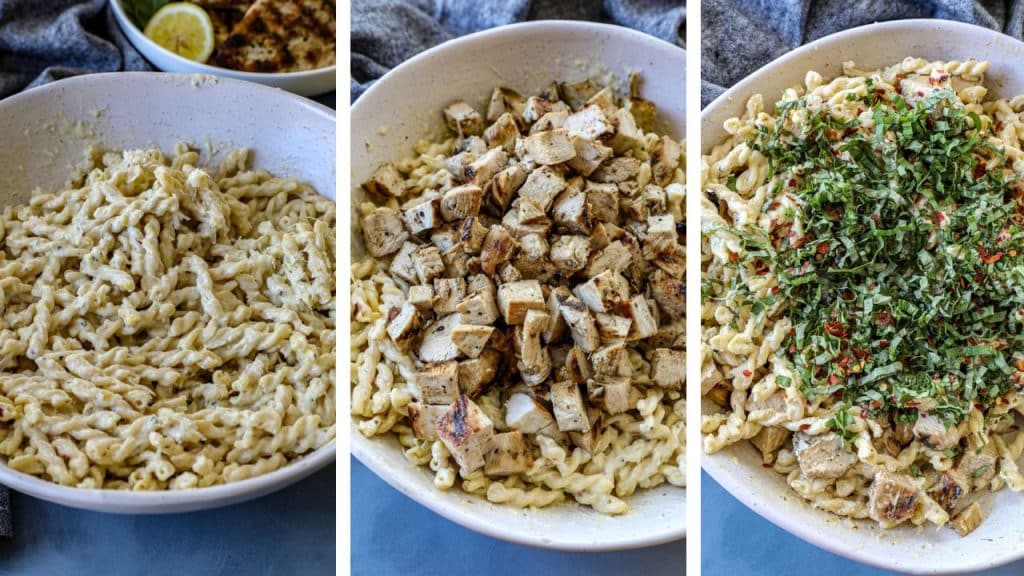 Creamy lemon chicken pasta salad assembly