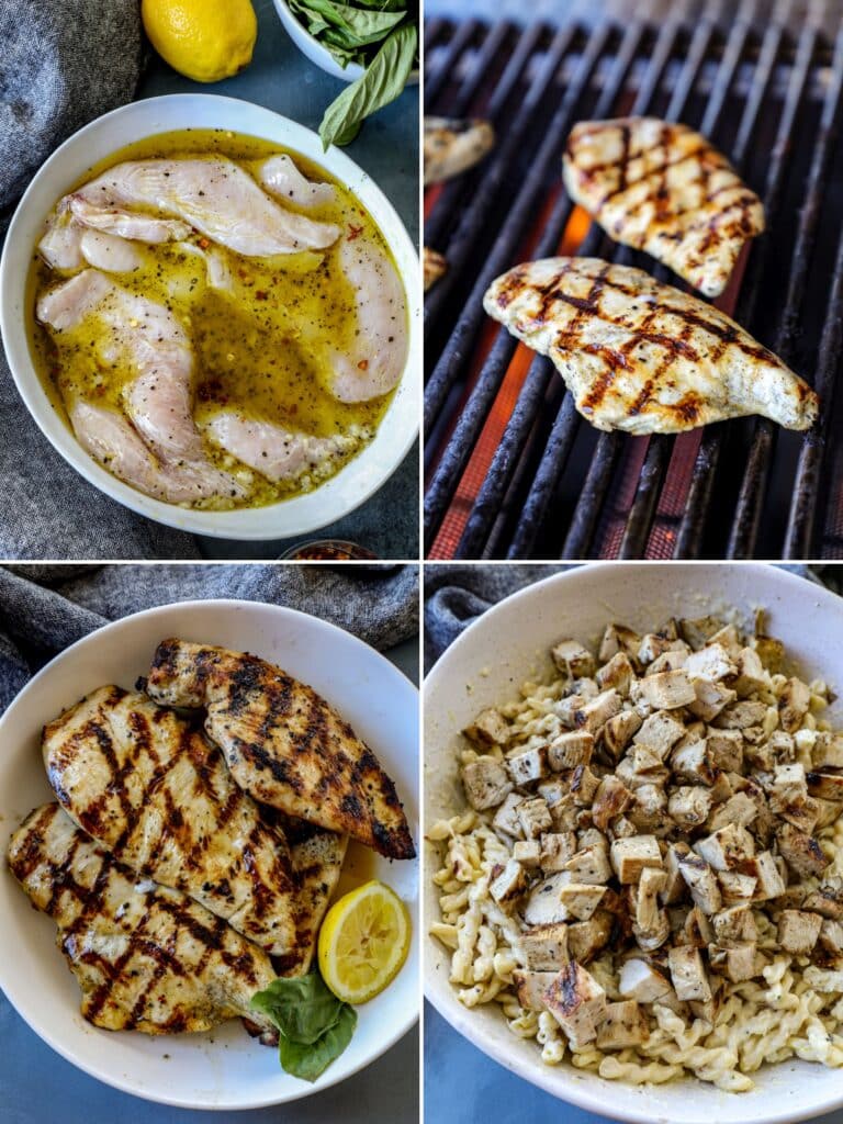 prepping the lemon chicken for the pasta by grilling it