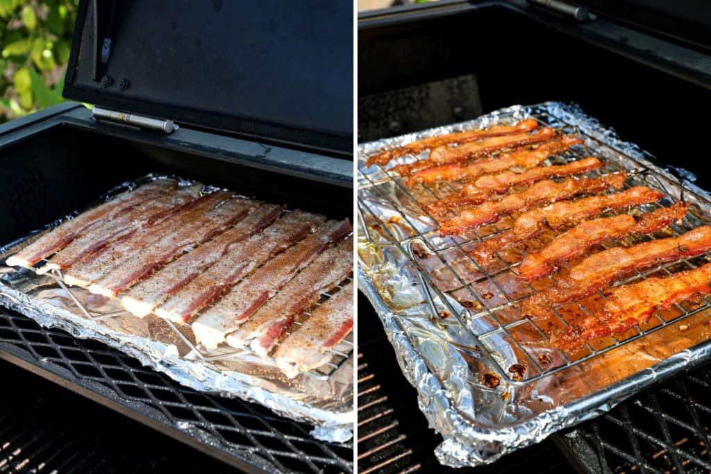 Bacon on foil lined baking sheet on a pellet smoker