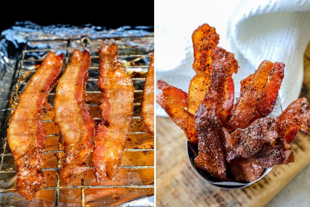 Crispy cooked bacon after double smoking