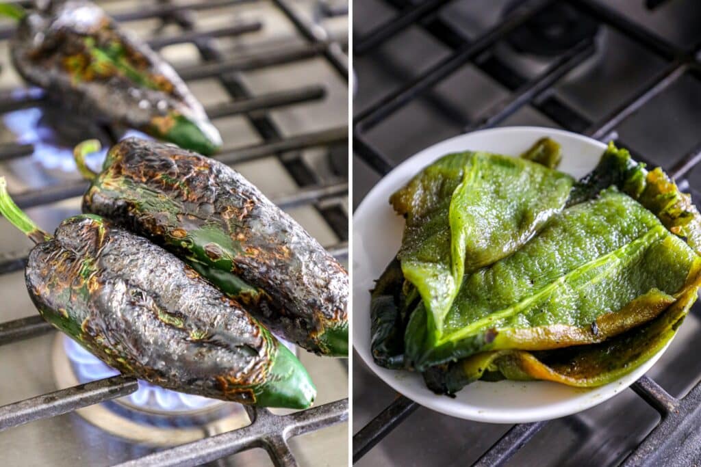 roasting poblano peppers over a flame